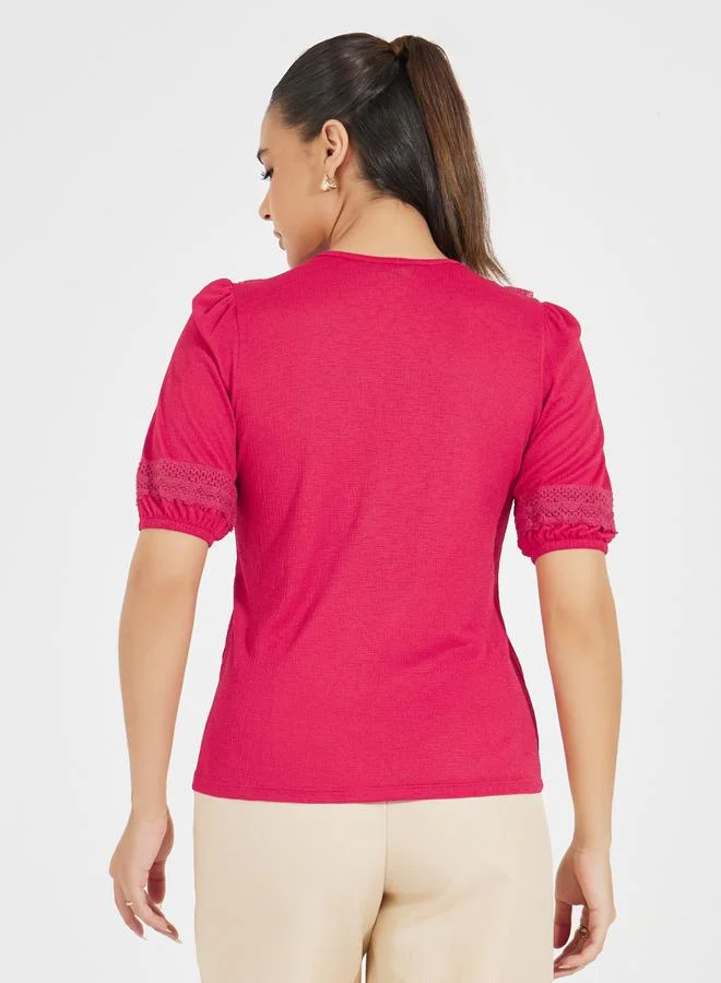 Styli Lace Insert Knit Top with Puff Sleeves