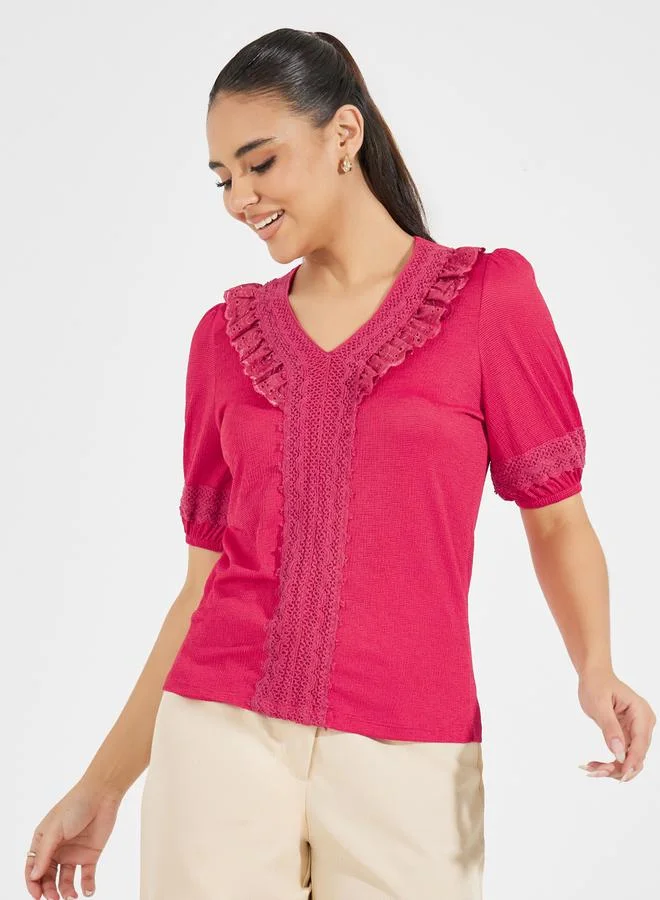 Styli Lace Insert Knit Top with Puff Sleeves