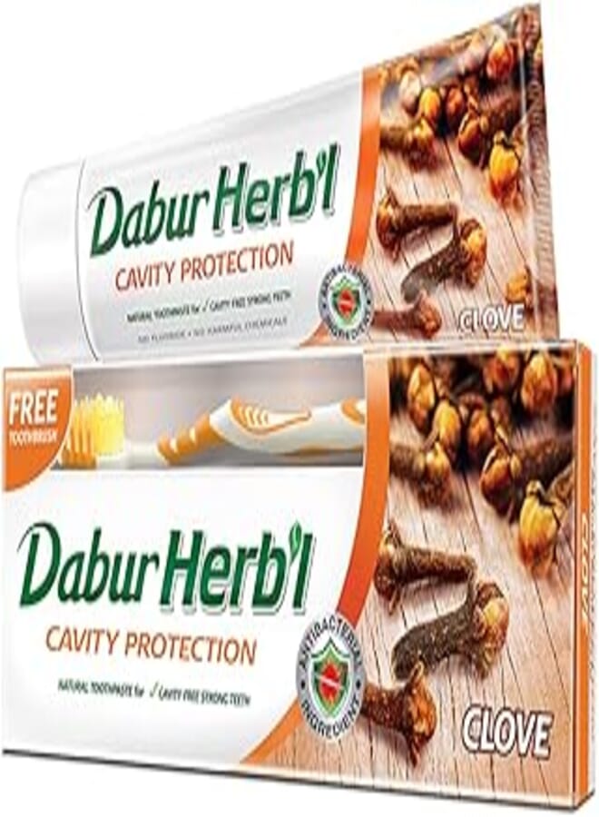 Dabur Herbal Cavity Protection Clove Toothpaste 140gm + Toothbrush | Enriched with Clove | Natural Toothpaste For Cavity Free Strong Teeth