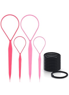 TsMADDTs TsMADDTs Topsy Tail Hair Tools 4 Pcs Hair Loop Styling Tool Pink 10pcs Hair Ties 