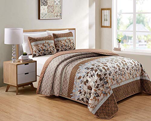 Luxury Home Luxury Home Collection 3 Piece FullQueen Quilted Reversible Coverlet Bedspread Set Floral Printed Leaves Taupe Beige Brown Light Blue Rust 