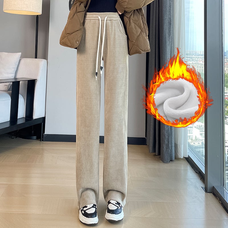Narrow Wide Leg Pants Womens 2024 Fall/Winter New Casual Pants Womens European Cotton Velvet Small Winter fleece-lined Straight Pants Milk Tea fleece-lined-Little Man 