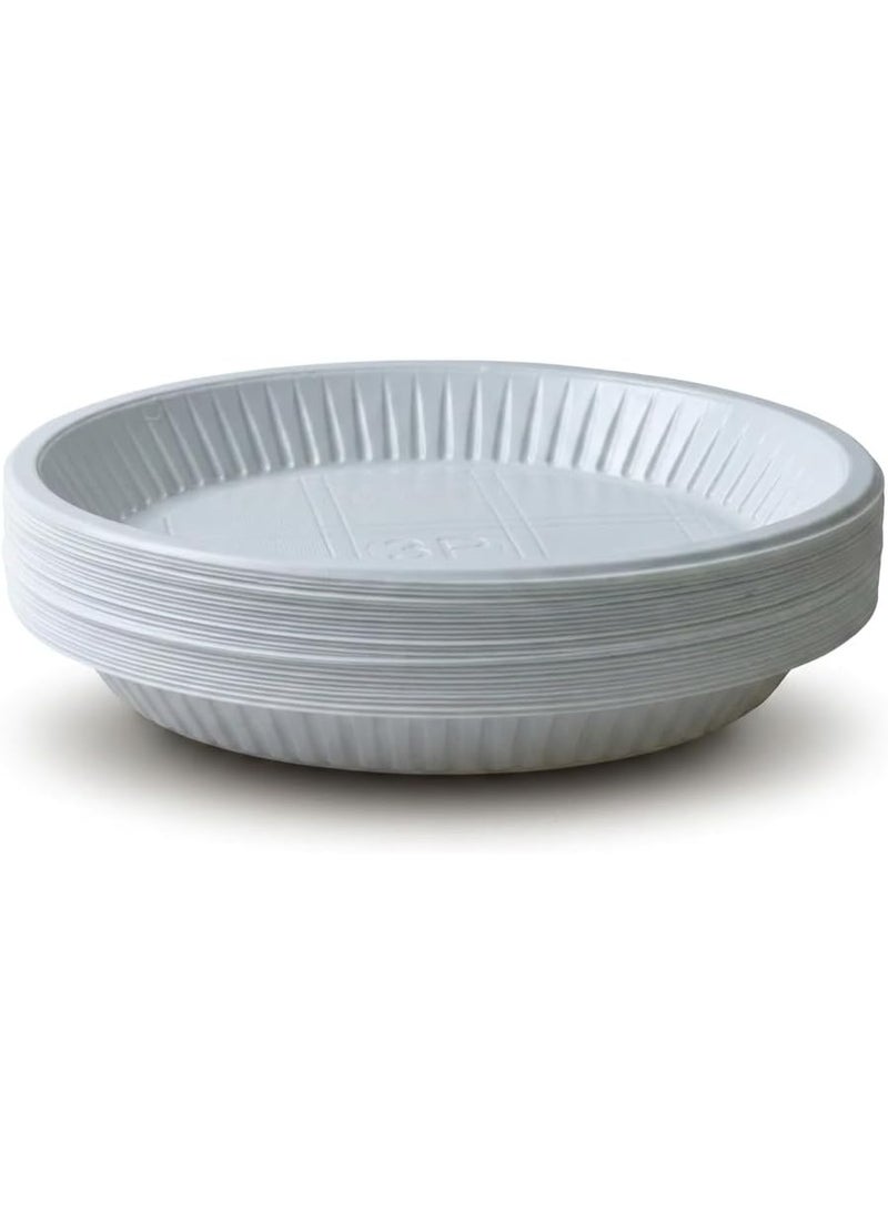 22cm Round Disposable Plastic Plates - 50 Pieces. Sturdy white plastic plates for parties, events, and trips. Practical, lightweight, and safe for everyday food serving. - Image 1