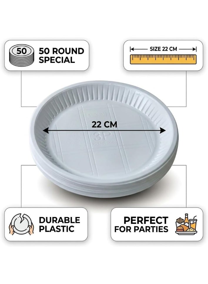 22cm Round Disposable Plastic Plates - 50 Pieces. Sturdy white plastic plates for parties, events, and trips. Practical, lightweight, and safe for everyday food serving. - Image 3