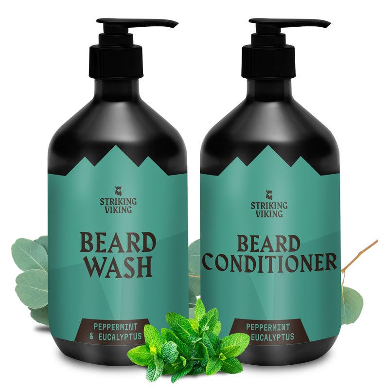 Striking Viking Beard Wash & Conditioner - 20 fl oz, Peppermint & Eucalyptus - Deep Clean & Itch Relief Beard Wash and Conditioner for Men - Hydrating Jojoba Facial Oil Treatment - Image 1