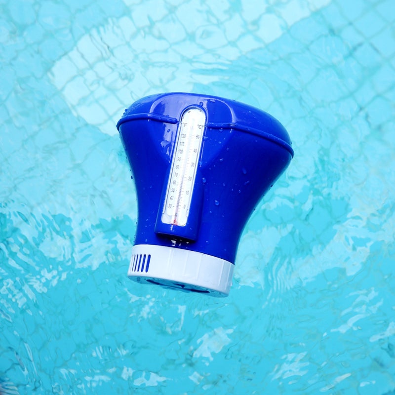 Pool Spa Chlorine Float Dispenser: 8-Inch White And Blue Built-In Thermometer Float Cup - Durable High-Quality Material For Excavated Pools Jacuzzis Outdoor Spas - Image 4