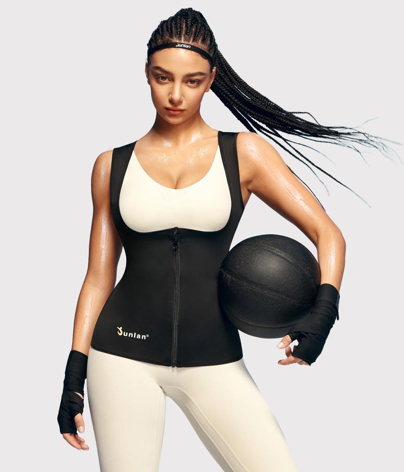 Junlan Sauna Suit for Women Waist Trainer Vest for Women Sweat Tank Top Shaper for Women with Zipper (Black, Large) - Image 5