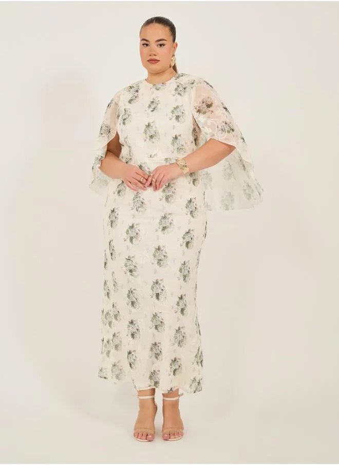 Styli Plus Size Printed Cape Sleeve Maxi Dress