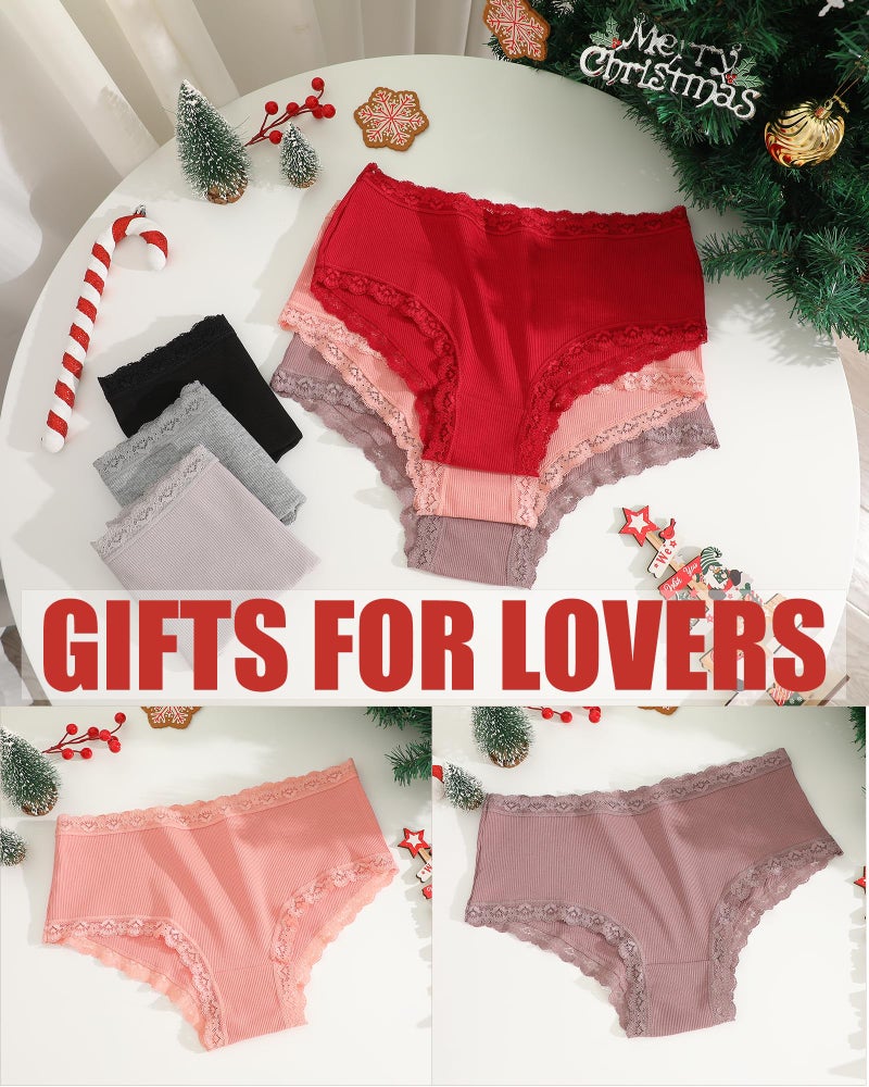 FINETOO Cotton Underwear for Women Sexy Boy Shorts Breathable Cheeky Lace Trim Panties Womens Underwear 6 Pack - Image 3