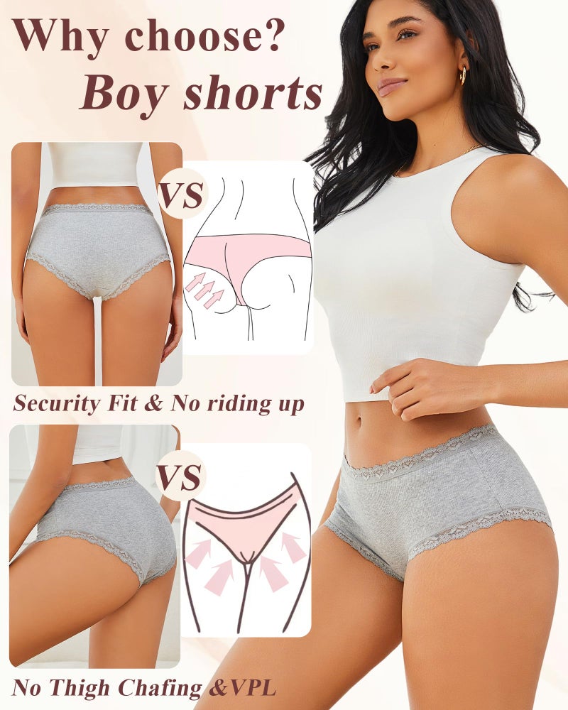 FINETOO Cotton Underwear for Women Sexy Boy Shorts Breathable Cheeky Lace Trim Panties Womens Underwear 6 Pack - Image 5