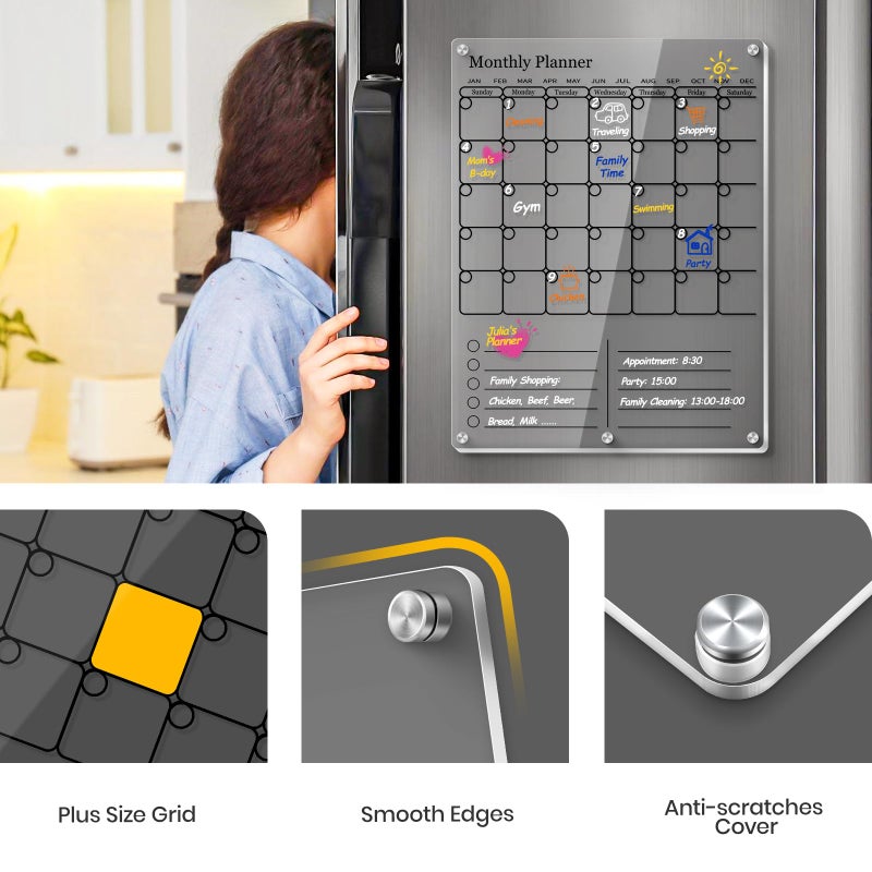 IDEATECH Magnetic Calendar for Refrigerator, Thick Acrylic Fridge Calendar with Strong Magnets, Clear Dry Erase White Board, 2in1 Monthly Weekly Planner, Family Organizer with 5 Color Visible Marker (Black) - Image 2