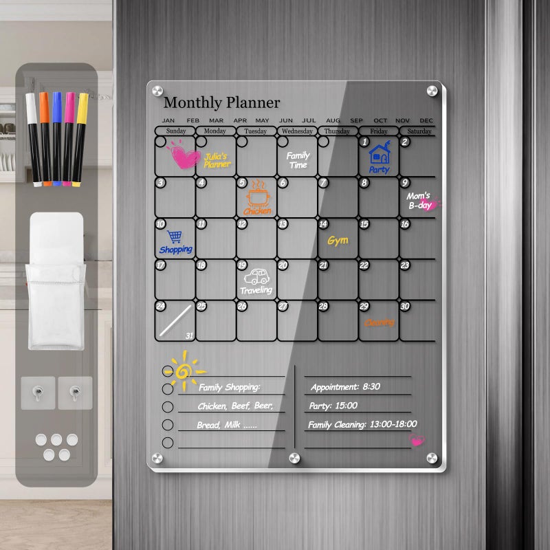 IDEATECH Magnetic Calendar for Refrigerator, Thick Acrylic Fridge Calendar with Strong Magnets, Clear Dry Erase White Board, 2in1 Monthly Weekly Planner, Family Organizer with 5 Color Visible Marker (Black) - Image 1