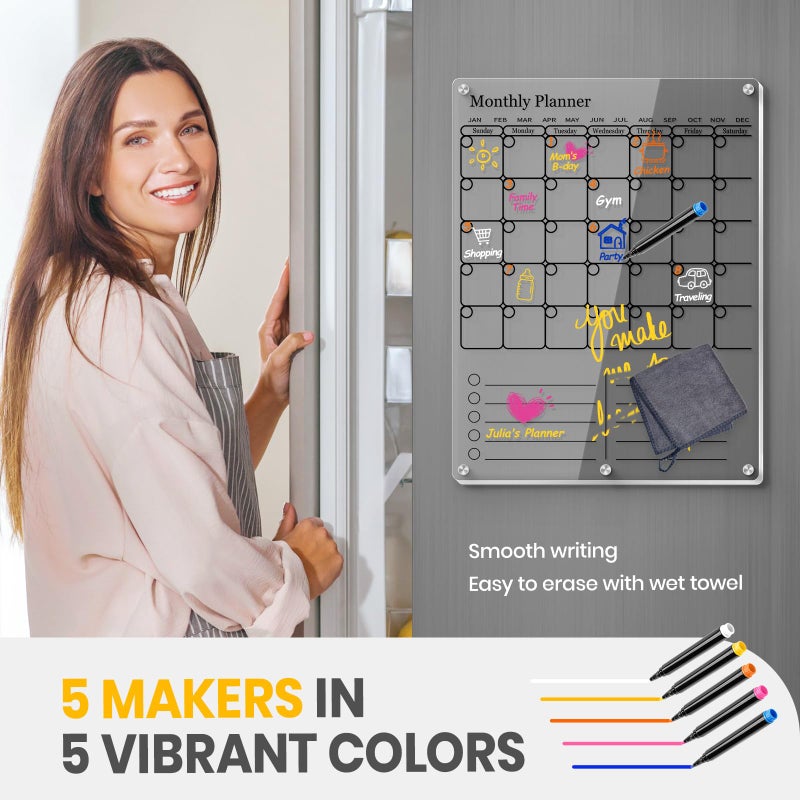 IDEATECH Magnetic Calendar for Refrigerator, Thick Acrylic Fridge Calendar with Strong Magnets, Clear Dry Erase White Board, 2in1 Monthly Weekly Planner, Family Organizer with 5 Color Visible Marker (Black) - Image 5