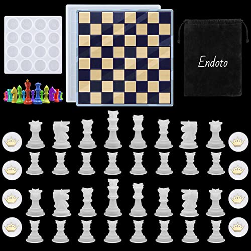 Endoto Chess Set with Checkers Board Silicone Resin Mold, 16 Pieces Full Size 3D Chess Crystal Epoxy Casting Molds for DIY Art Crafts Making, Family Party Board Games and Home Decoration - Image 1
