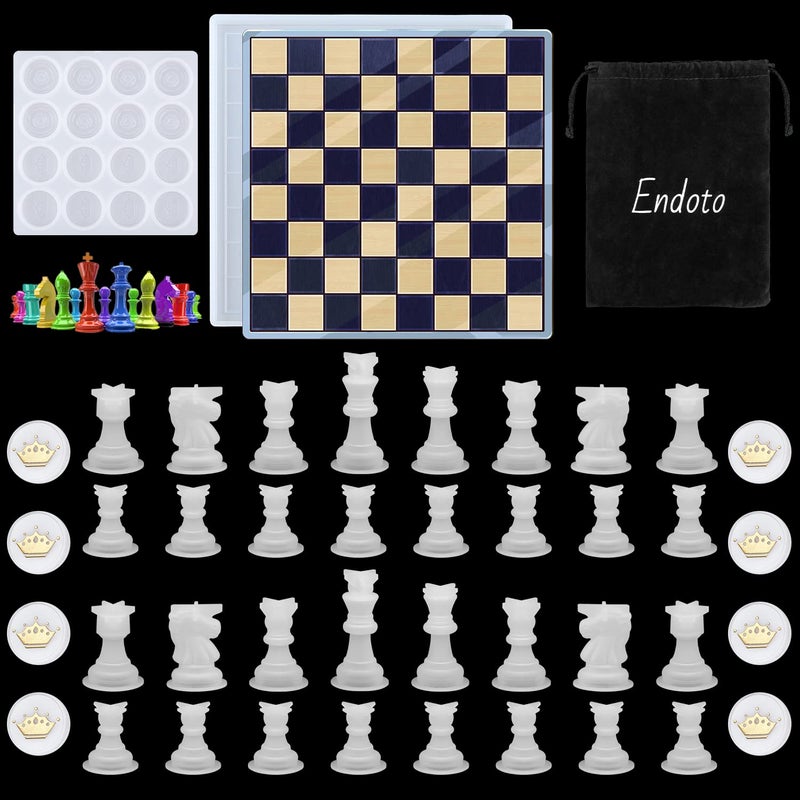 Endoto Chess Set with Checkers Board Silicone Resin Mold, 16 Pieces Full Size 3D Chess Crystal Epoxy Casting Molds for DIY Art Crafts Making, Family Party Board Games and Home Decoration - Image 5