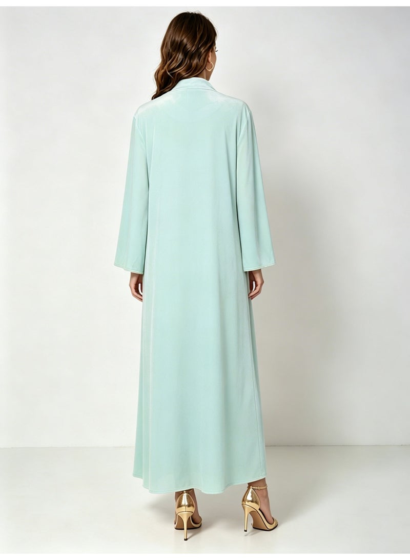 Kaiyuede Dubai Mint Green Velvet Abaya with Silver Lotus Sequin Embroidery | Mandarin Collar Opaque Lined Modest Dress for Eid & Wedding - Image 3