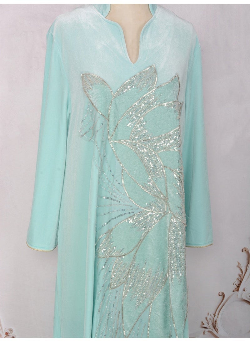 Kaiyuede Dubai Mint Green Velvet Abaya with Silver Lotus Sequin Embroidery | Mandarin Collar Opaque Lined Modest Dress for Eid & Wedding - Image 2