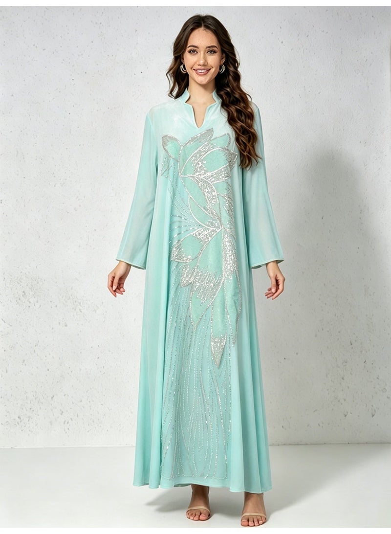 Kaiyuede Dubai Mint Green Velvet Abaya with Silver Lotus Sequin Embroidery | Mandarin Collar Opaque Lined Modest Dress for Eid & Wedding - Image 1