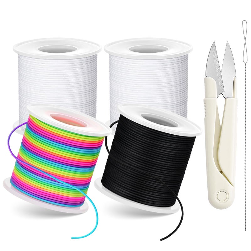 Inggix Stretchy Bracelet String Kit with Scissors & Beading Needle, 4 Rolls Elastic String for DIY Crafts, 1mm Stretchy Cord for Jewelry Making Sewing Necklace Beading, 660FT, (Black, White, Rainbow) - Image 1
