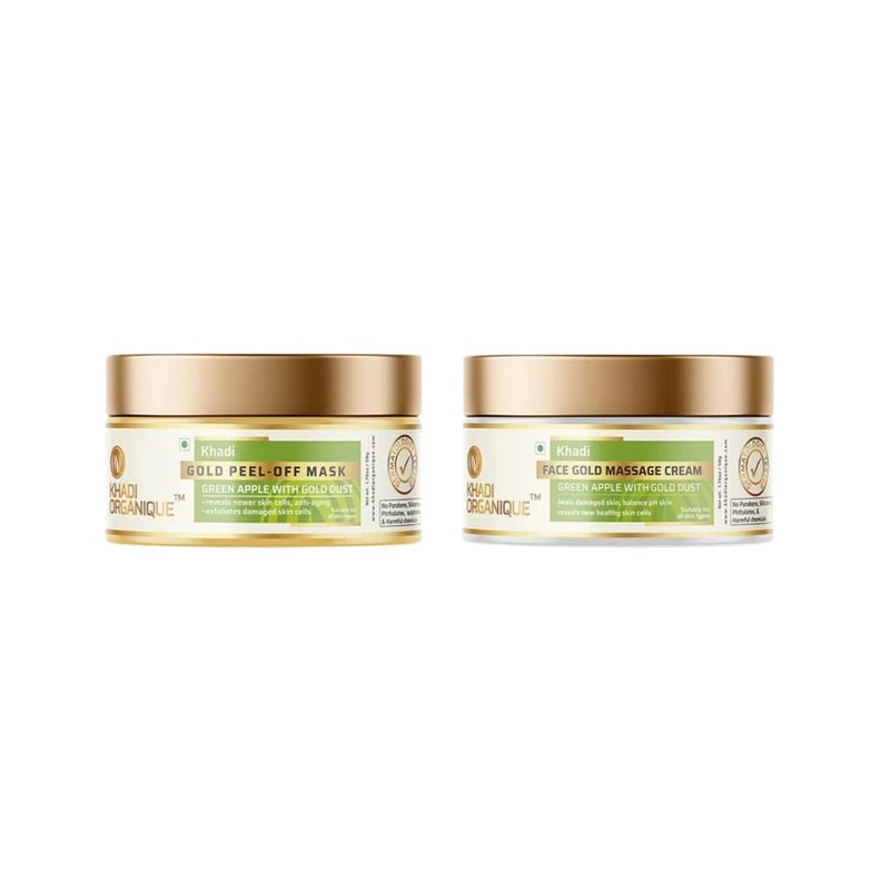 Khadi ORGANIQUE Khadi Organique Combo of Gold Face Massage Cream Peel Off Mask for Men Women Removes Blackheads and Whiteheads Deep Skin Purifying Cleansing Suitable For All skin Types 100 G - Image 1