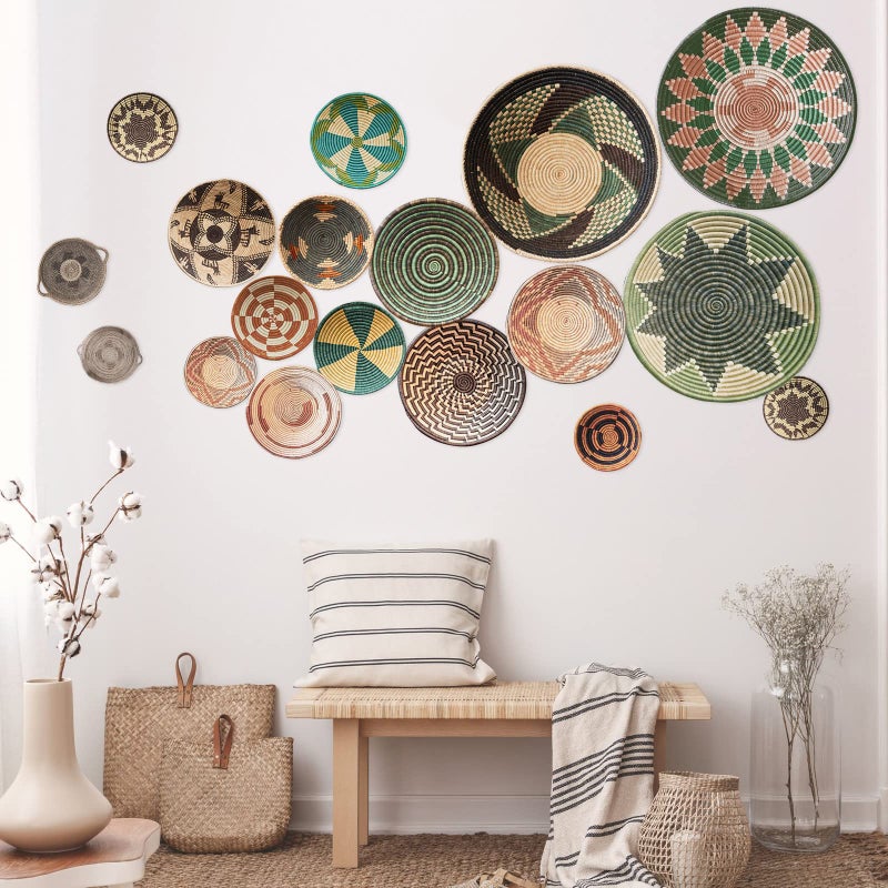 Glenmal 18 Pcs Boho Basket Wall Decals Round Wall Sticker Modern Decor Peel and Stick Decor Sticker Removable Boho Stickers Rustic Art for Bedroom Office Kitchen Living Room Nursery