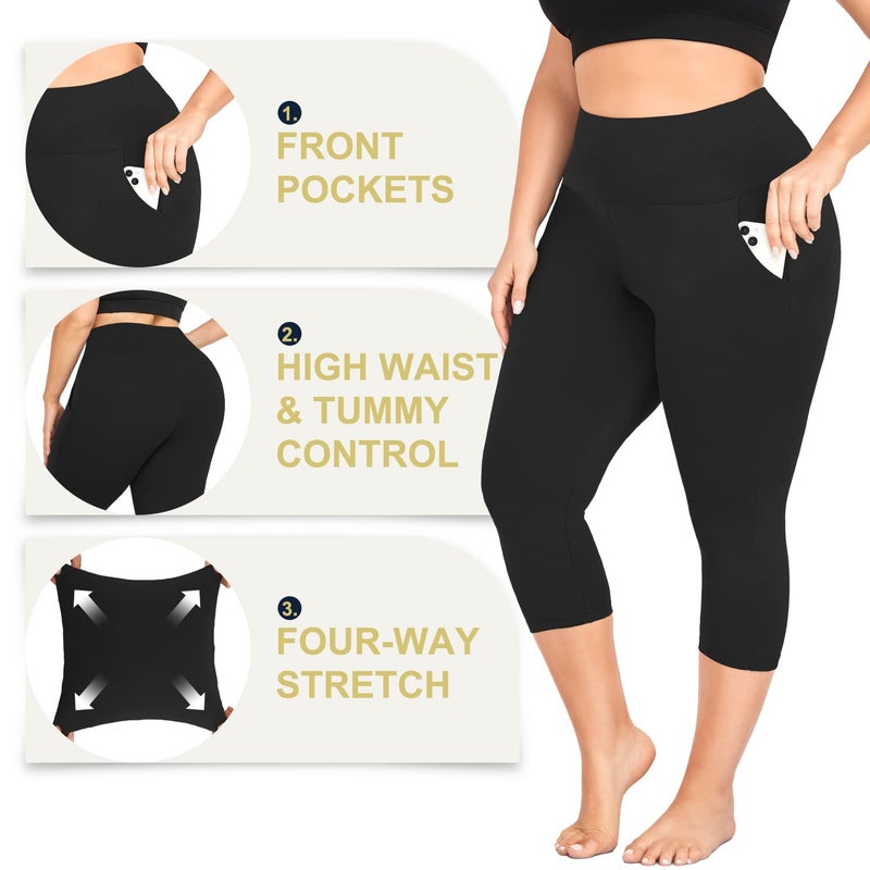 MOREFEEL Capri Plus Size Leggings for Women with Pockets-Stretchy XL-4XL Tummy Control High Waist Workout Black Yoga Pants - Image 5