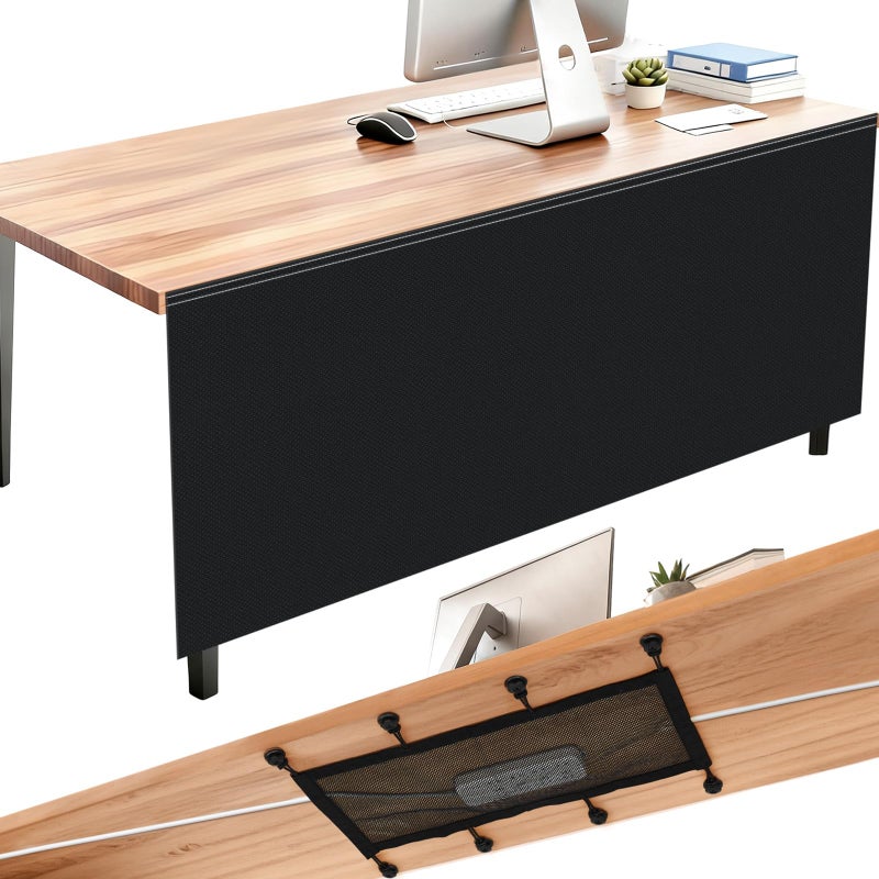 Tegeme Under Desk Privacy Panel with Cable Management Net Desk Skirt Self Adhesive Modesty Panel with Cord Organizer Pockets for Office Home Standing Workstation(Black,71'') - Image 1