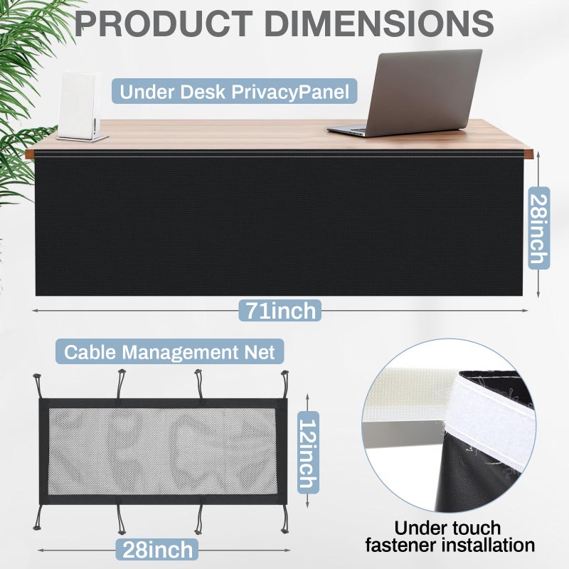 Tegeme Under Desk Privacy Panel with Cable Management Net Desk Skirt Self Adhesive Modesty Panel with Cord Organizer Pockets for Office Home Standing Workstation(Black,71'') - Image 2