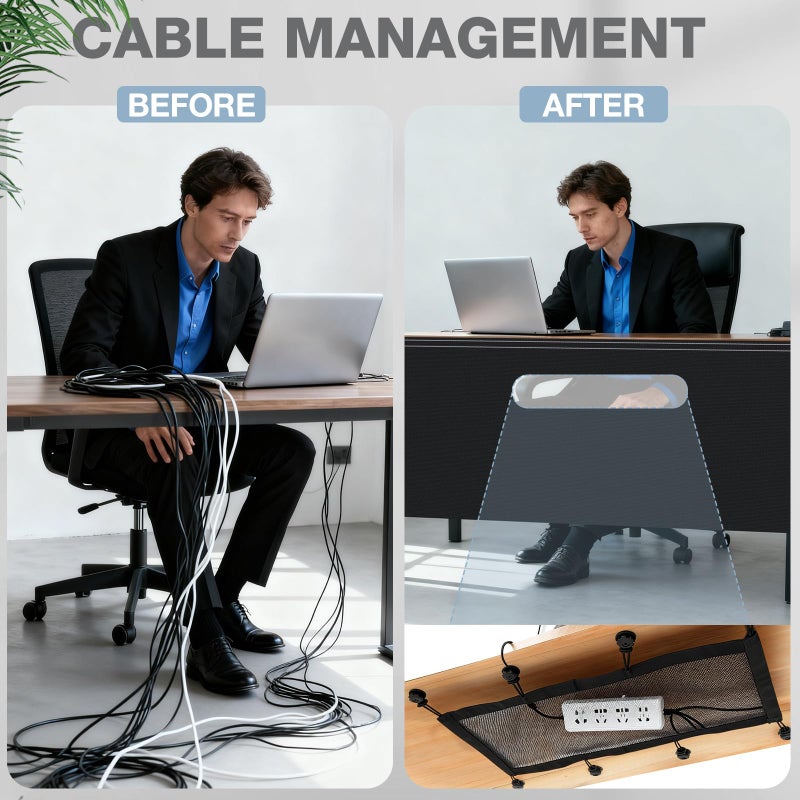 Tegeme Under Desk Privacy Panel with Cable Management Net Desk Skirt Self Adhesive Modesty Panel with Cord Organizer Pockets for Office Home Standing Workstation(Black,71'') - Image 4