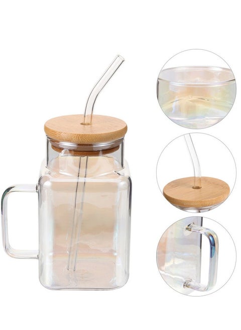 Square Drinking Cups with Handle Glossy Glass Tumbler with Bamboo Lids and Straw for Juice, Iced Coffee, Cocktails