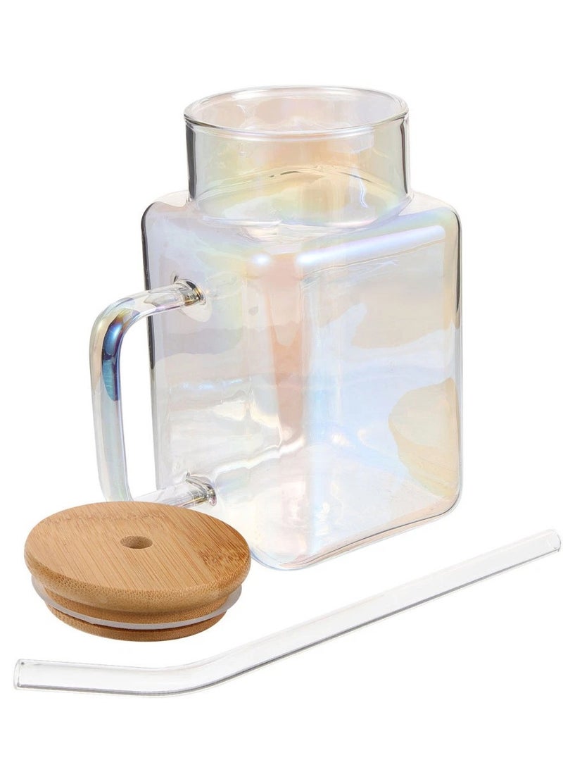 Square Drinking Cups with Handle Glossy Glass Tumbler with Bamboo Lids and Straw for Juice, Iced Coffee, Cocktails