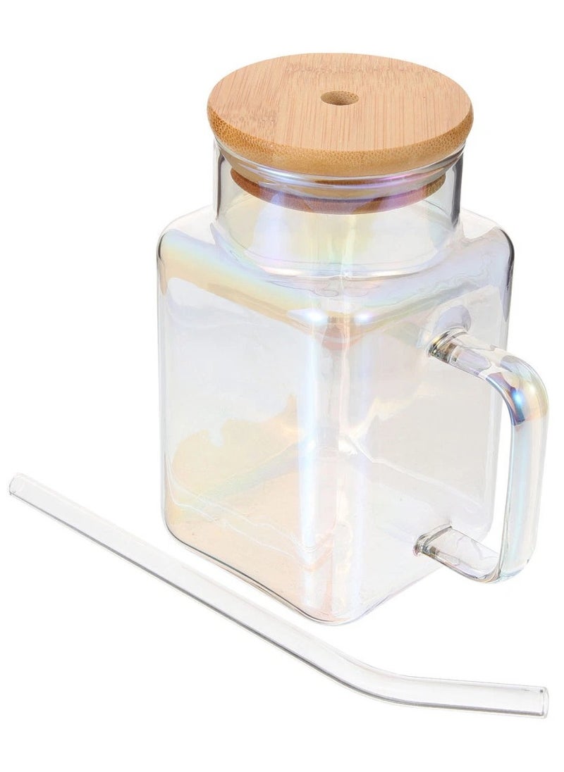 Square Drinking Cups with Handle Glossy Glass Tumbler with Bamboo Lids and Straw for Juice, Iced Coffee, Cocktails