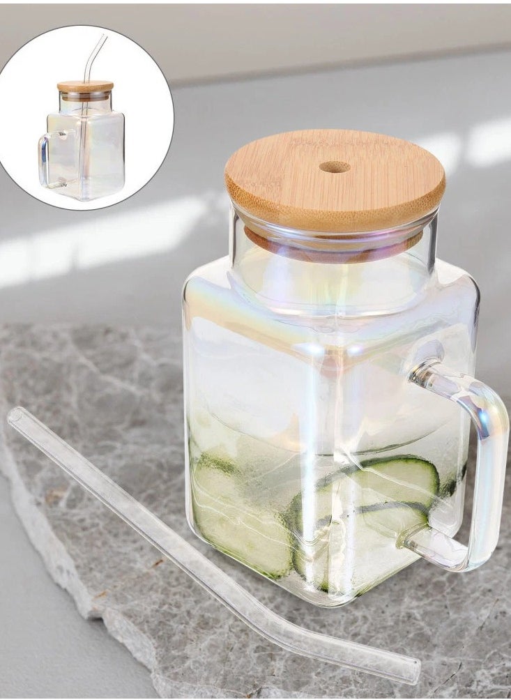 Square Drinking Cups with Handle Glossy Glass Tumbler with Bamboo Lids and Straw for Juice, Iced Coffee, Cocktails