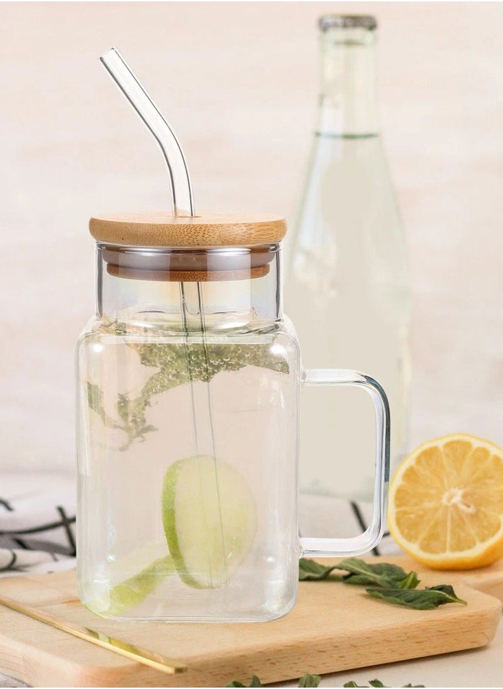 Square Drinking Cups with Handle Glossy Glass Tumbler with Bamboo Lids and Straw for Juice, Iced Coffee, Cocktails