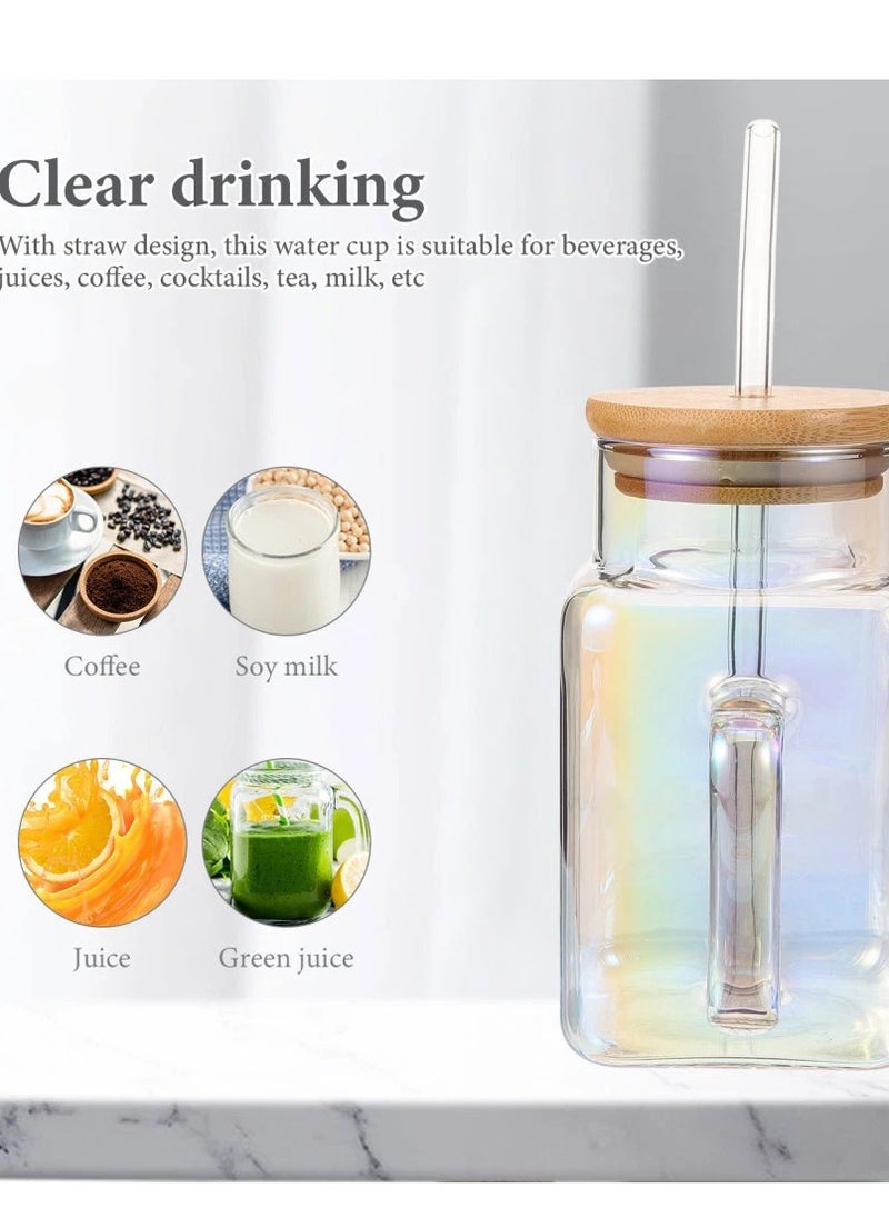 Square Drinking Cups with Handle Glossy Glass Tumbler with Bamboo Lids and Straw for Juice, Iced Coffee, Cocktails