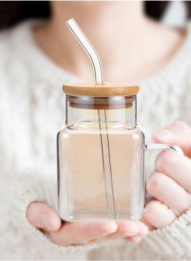 Square Drinking Cups with Handle Glossy Glass Tumbler with Bamboo Lids and Straw for Juice, Iced Coffee, Cocktails