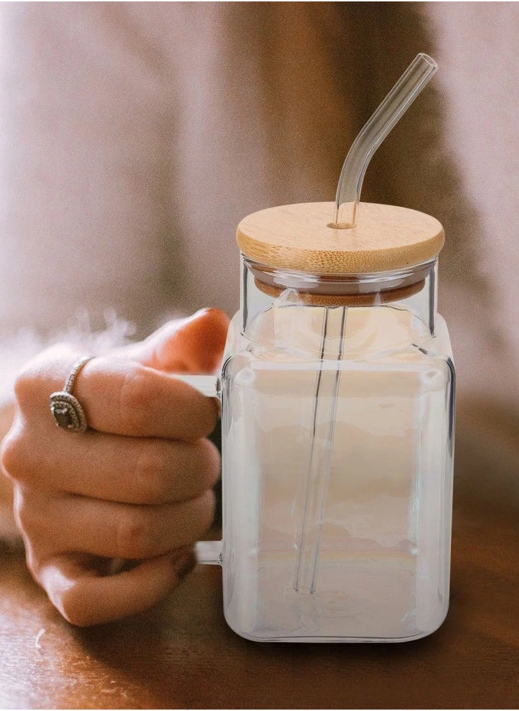 Square Drinking Cups with Handle Glossy Glass Tumbler with Bamboo Lids and Straw for Juice, Iced Coffee, Cocktails