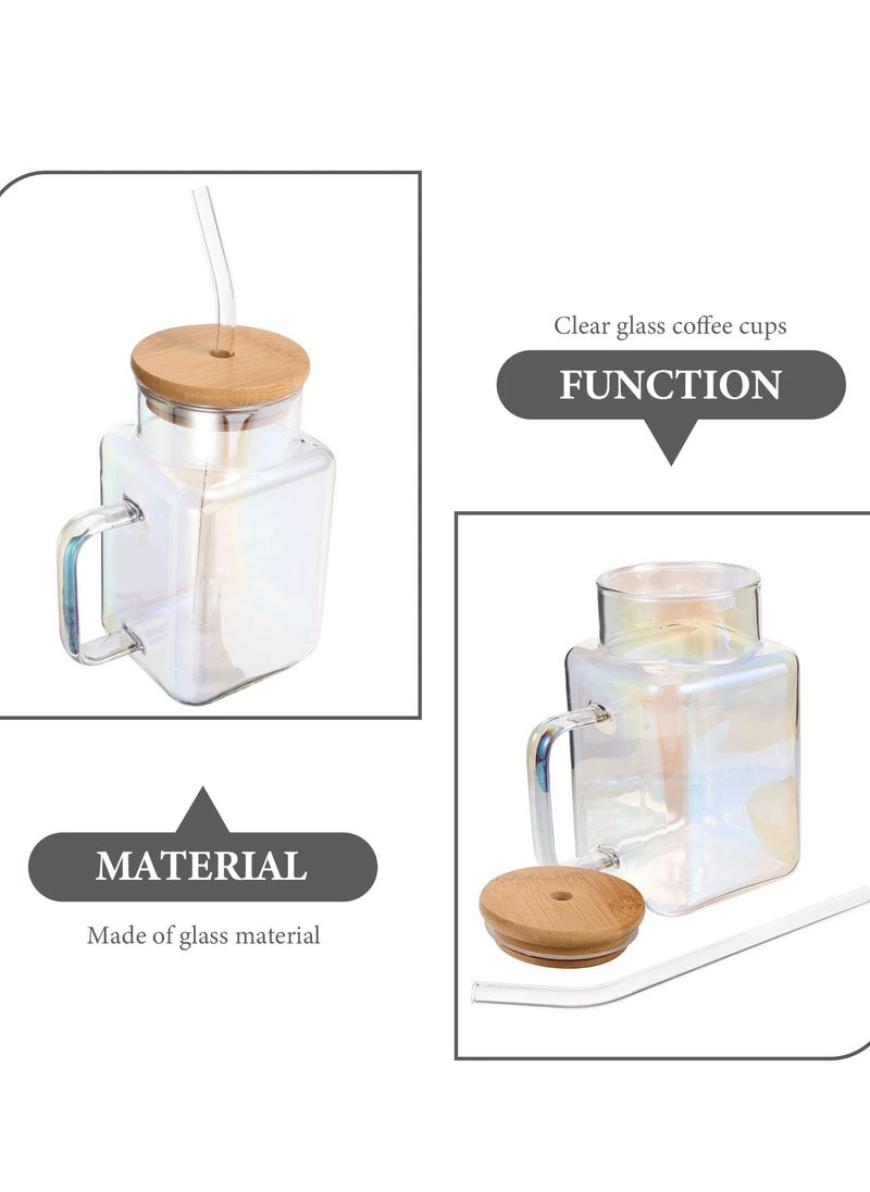 Square Drinking Cups with Handle Glossy Glass Tumbler with Bamboo Lids and Straw for Juice, Iced Coffee, Cocktails