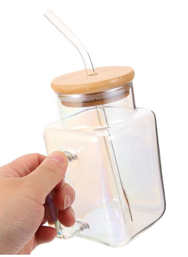 Square Drinking Cups with Handle Glossy Glass Tumbler with Bamboo Lids and Straw for Juice, Iced Coffee, Cocktails