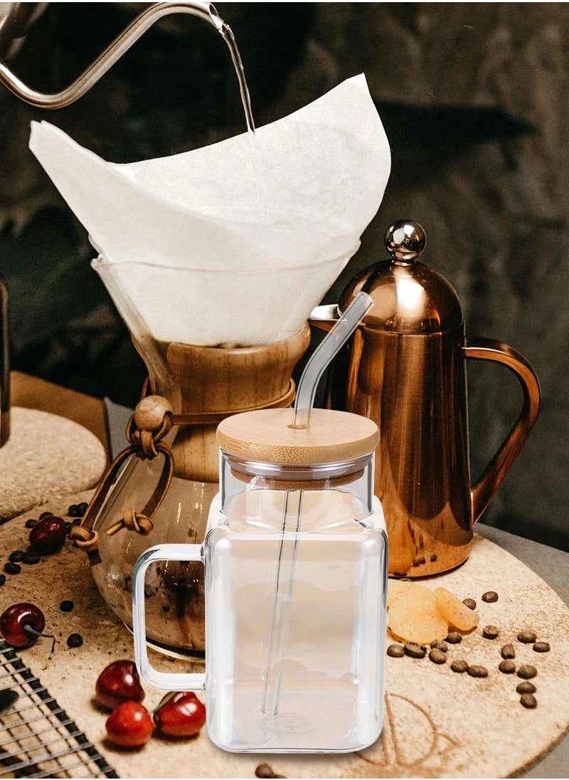 Square Drinking Cups with Handle Glossy Glass Tumbler with Bamboo Lids and Straw for Juice, Iced Coffee, Cocktails