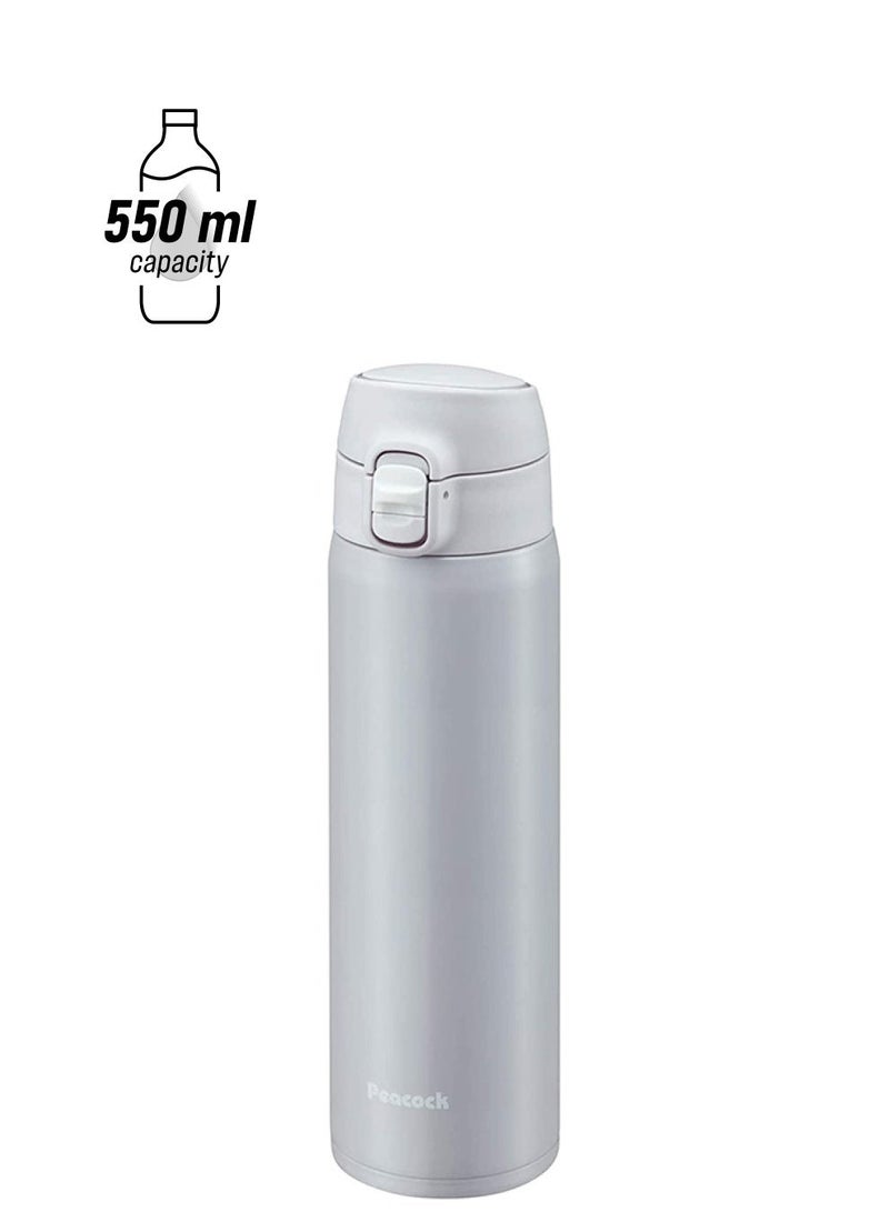 Peacock 550ml Stainless Steel Insulated One Touch Vacuum Sports Water Bottle in Grey, Leakproof Akm55 Travel Flask for Hot and Cold Drinks Outdoor Gym Use - Image 1