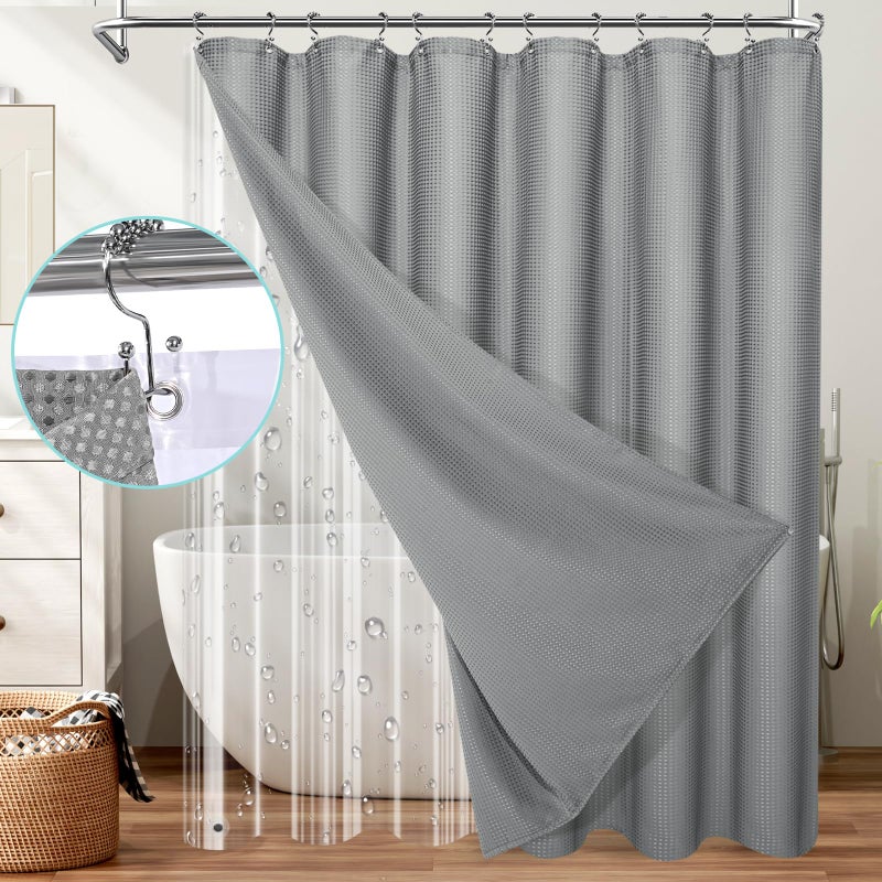 Vipfree 3 in 1 Shower Curtain Set  Waffle Shower Curtain and Liner Set with 12 Double Sided Shower Curtain Hooks  258GSM Luxury Weighted Cloth Shower Curtains for Bathroom  72 W x 72 H  Grey - Image 1