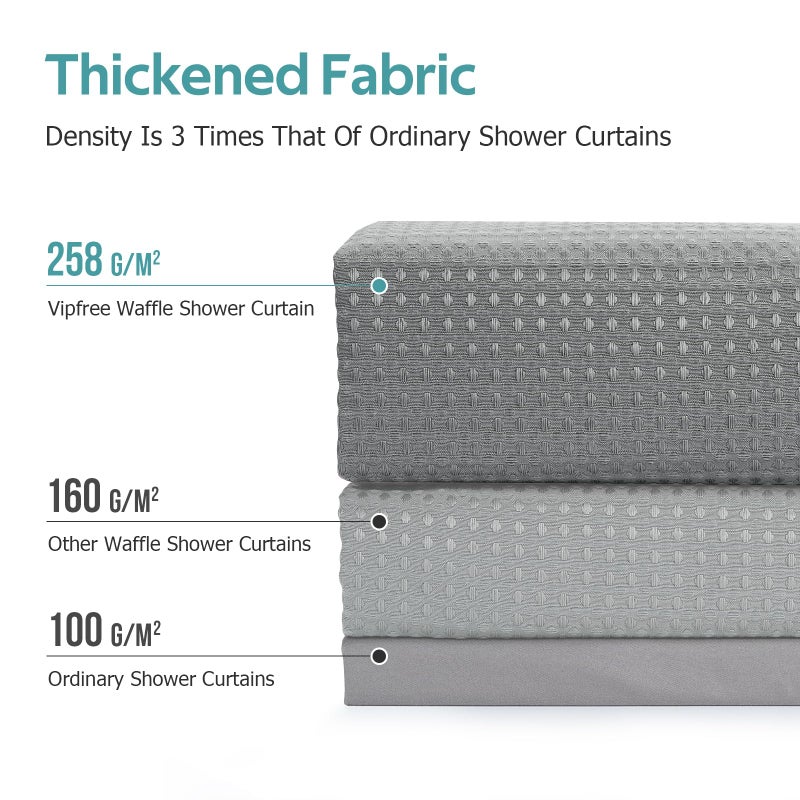 Vipfree 3 in 1 Shower Curtain Set  Waffle Shower Curtain and Liner Set with 12 Double Sided Shower Curtain Hooks  258GSM Luxury Weighted Cloth Shower Curtains for Bathroom  72 W x 72 H  Grey - Image 4