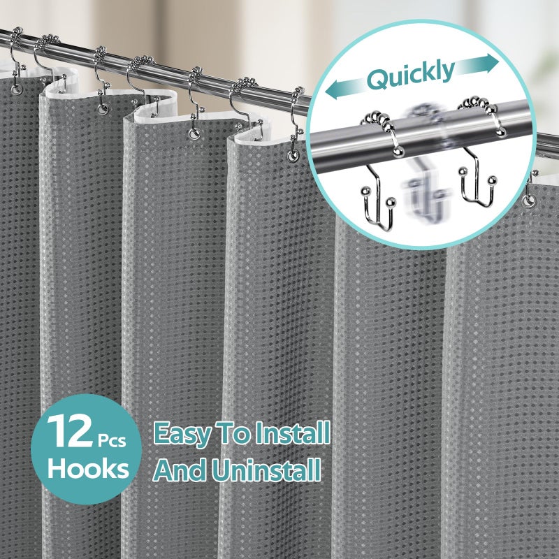Vipfree 3 in 1 Shower Curtain Set  Waffle Shower Curtain and Liner Set with 12 Double Sided Shower Curtain Hooks  258GSM Luxury Weighted Cloth Shower Curtains for Bathroom  72 W x 72 H  Grey - Image 2