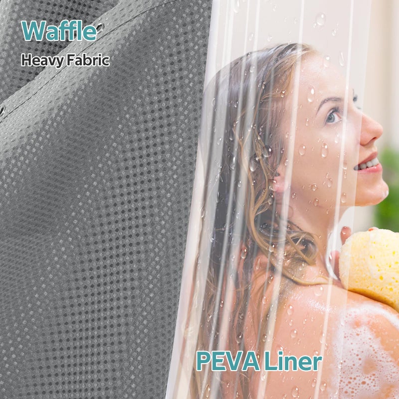 Vipfree 3 in 1 Shower Curtain Set  Waffle Shower Curtain and Liner Set with 12 Double Sided Shower Curtain Hooks  258GSM Luxury Weighted Cloth Shower Curtains for Bathroom  72 W x 72 H  Grey - Image 3