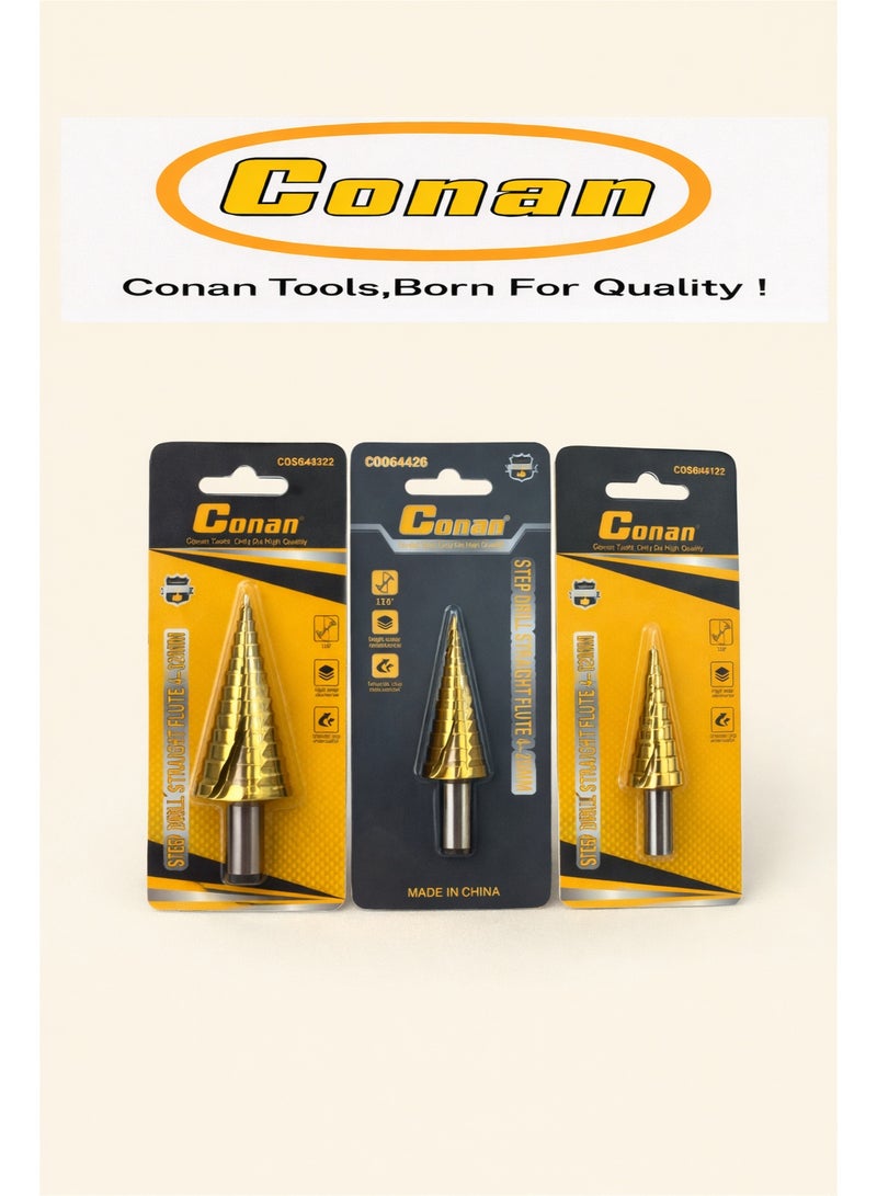 CONAN 3PCS Straight Flute Step Drill Bit Set – Model 3PC-COS084322-COS084122-COS084202 – Professional Multi-Size Drill Bits - Image 1