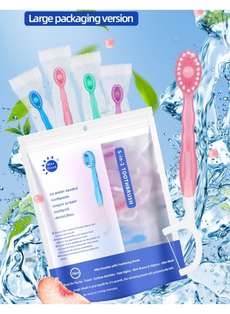 Mint 5 In 1 Mini Toothbrush & Floss & Tongue Scraper & Toothpick Set, , Disposable Mini Toothbrushes  With Bursting Beads, No Toothpaste Required,Convenient And Easy to Carry, Cleans The Mouth and Freshens Breath 26pcs（Mixed Flavor） - Image 2