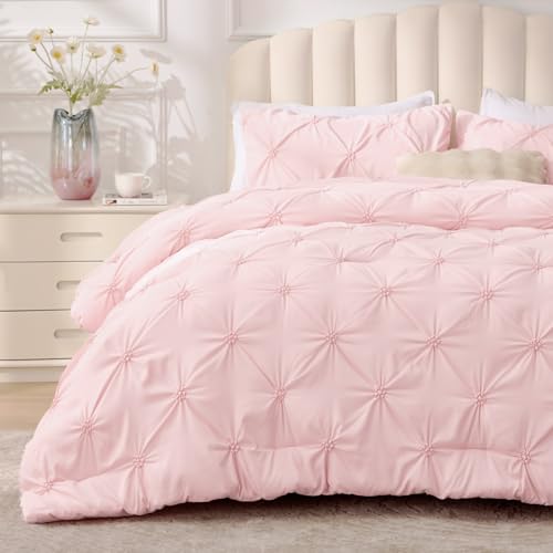 BEDELITE Baby Pink King Size Comforter Set 3 Pieces Boho Pintuck Bedding Comforter Sets Lightweight Soft Warm King Bedding Set with 2 Pillowcases for All Season - Image 1