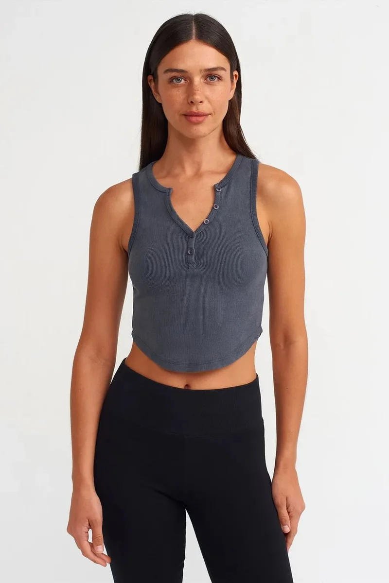 DILVIN Women's Ribbed Crop Blouse With Buttons