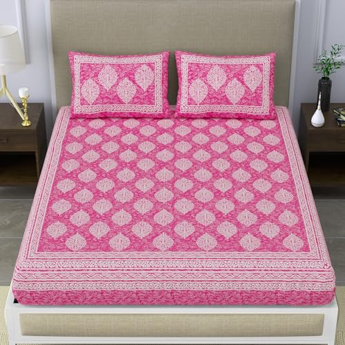 SheetKart 144 TC Cotton Printed Jaipuri Double Bedsheet with 2 Pillow Covers, Pink - Image 2